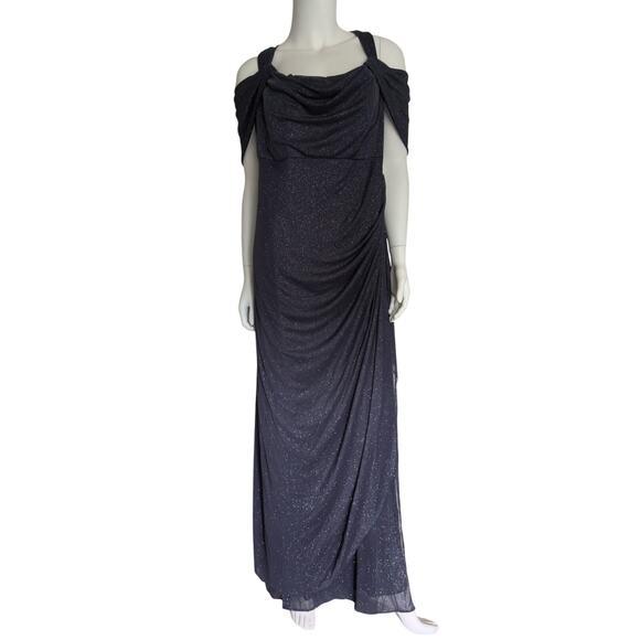 Alex Evenings Ruched Gown Glitter Mesh Cowl Neck Cold Shoulder 18W Elegant Party - Picture 2 of 8